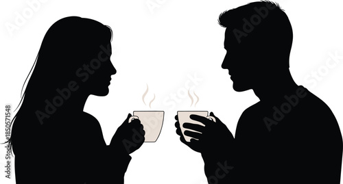 Couple silhouette vector illustration sharing hot coffee or tea, romantic social interaction scene with warmth and connection design 