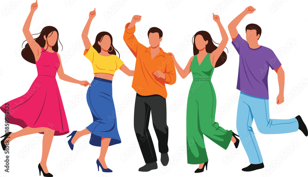 Fototapeta premium Group of diverse people dancing joyfully in colorful clothing, festive party celebration vector illustration with unity and happiness theme 