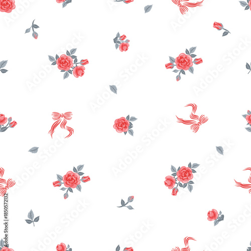 Seamless pattern of rose and ribbon for decoration and textile isolated on transparent background