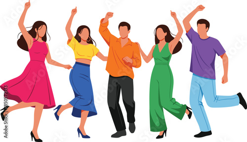 Group of diverse people dancing joyfully in colorful clothing, festive party celebration vector illustration with unity and happiness theme 