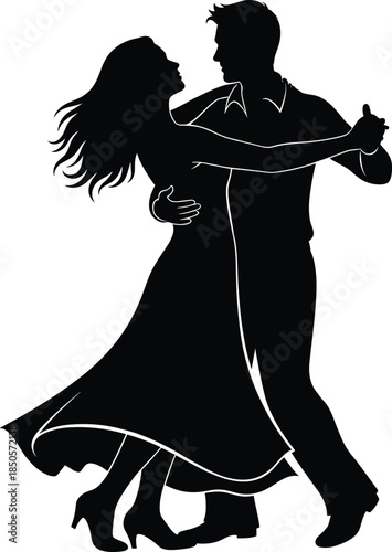 Elegant couple dancing silhouette vector illustration in formal attire, ballroom tango waltz embrace for cultural performance and social event design