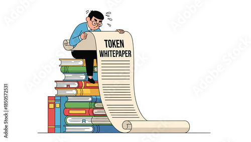 Frustrated Businessman Sitting on Stack of Books Reading Long Token Whitepaper or Contract Document