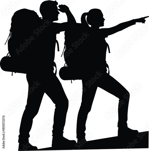 Two hikers with backpacks standing on slope silhouette vector illustration, adventure exploration teamwork outdoor travel design concept