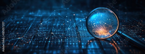 magnifying glass over a glowing digital network and data nodes on a keyboard or circuit board in blue and orange hues, evoking discovery and focused investigation
