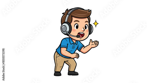 Cute Cartoon Boy Wearing Headset with Microphone Thumbs Up Gesture Sparkling Star Accent Customer Service Support Communication Call Center Online Learning Concept