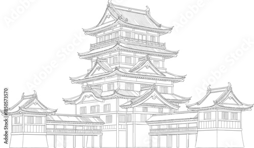 Traditional Japanese castle architectural sketch featuring a multi-story pagoda tower, ornate tiled roofs, and connected wooden pavilions