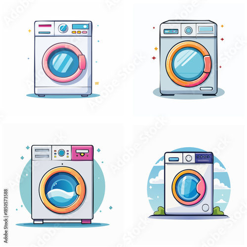 Washing machines vector illustrations set clean laundry domestic appliances modern design isolated on white background