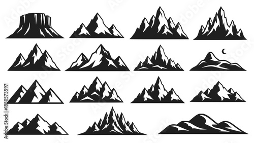Mountain silhouette. Black outline minimal mountains shape for banner border and scenic backdrop. Isolated vector set, transparent background SVG version.