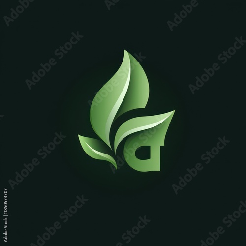 three layered green leaves forming a stylized lowercase letter on a dark background, modern eco logo conveying freshness, serenity, and sustainable growth