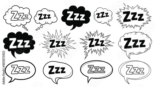 Set of black and white hand-drawn "Zzz" sleep and snore speech bubbles