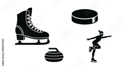 Ice skate hockey puck curling stone and skater in dark silhouette