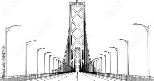 Architectural line art sketch of a massive suspension bridge tower with streetlights from a perspective road view