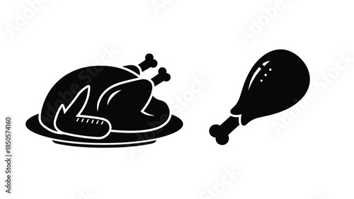 Roasted chicken and drumstick presented on a platter black silhouette