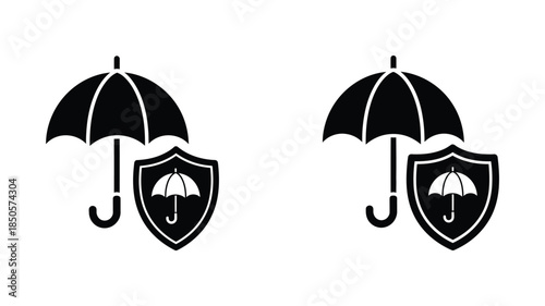 Two umbrellas with shield icons a bold graphic design silhouette