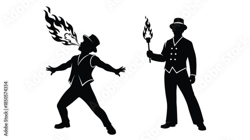 Two fire performers with flames a captivating vintage style silhouette