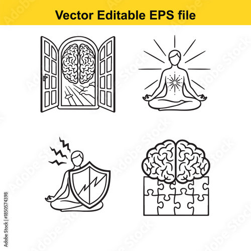  vector illustrations of meditation and mental health symbols in editable eps format for various uses
