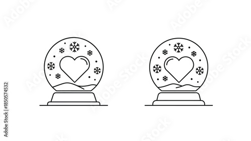 Two identical snow globes with heart shapes inside simple line art silhouette