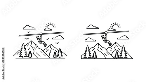 Mountain landscape with a person on a zip line black and white silhouette