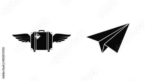 Travel icons featuring a winged suitcase and paper airplane silhouette