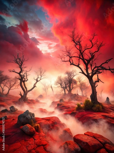 Dramatic smoke and fog in a contrasting vivid red landscape with twisted trees and barren rocks