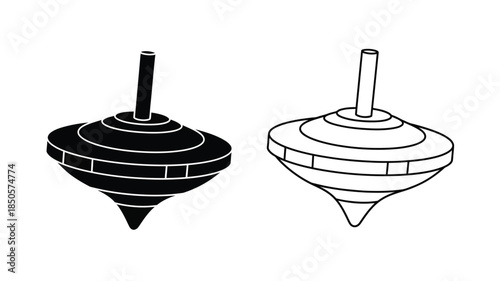 Two classic spinning tops in a stark black and white silhouette