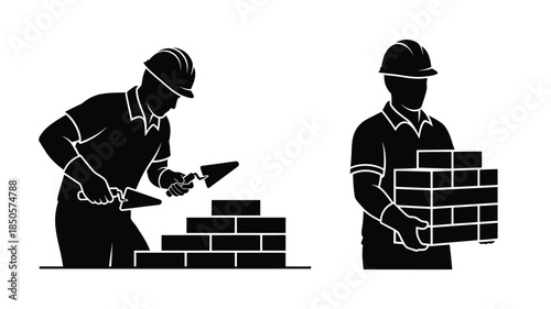Two construction workers in black one with bricks a striking silhouette