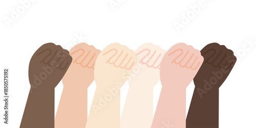 Raised fists with different skin color. Diversity, equity, multicultural, protest, rights, freedom, power, community, campaign concepts. Flat people character vector design isolated illustration.