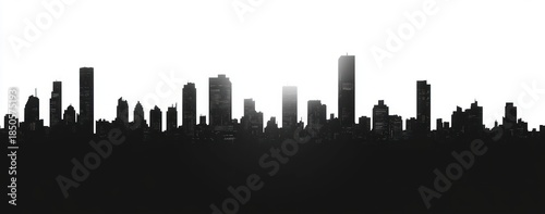 High-contrast panoramic city skyline silhouette with skyscrapers and urban buildings against a bright white sky, evoking a dramatic, minimalist, mysterious mood