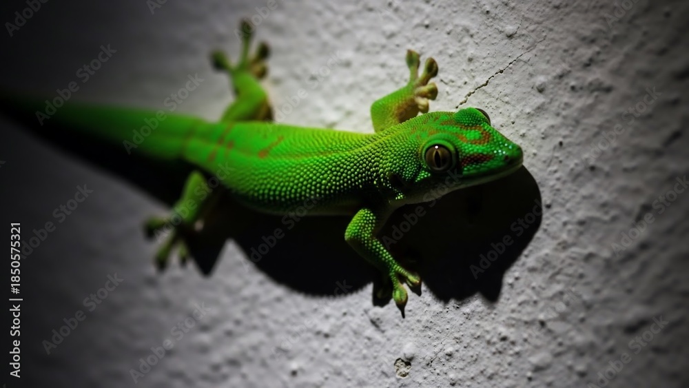 Fototapeta premium Vibrant Green Gecko Clinging to a Textured Wall at Night.