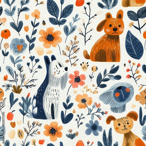 whimsical floral pattern with smiling rabbits and small dogs among orange and blue flowers, leaves, berries and branches conveying playful cozy cheerful mood