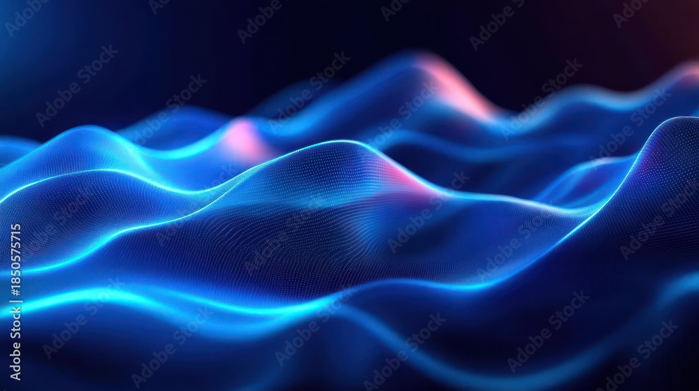Fototapeta premium flowing neon blue digital waves with dotted mesh and soft pink highlights conveying calm futuristic motion
