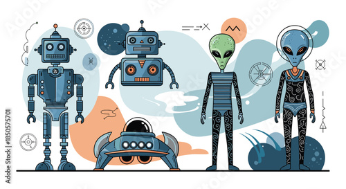 An imaginative illustration featuring different kinds of robots, alien beings, and a flying saucer in a retro sci-fi art style.