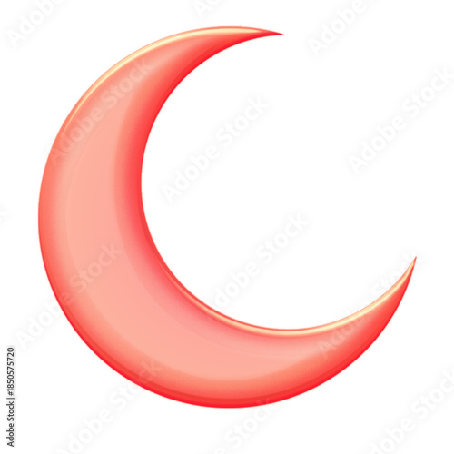 Inflated 3D matte coral red Crescent Moon icon isolated on white background
