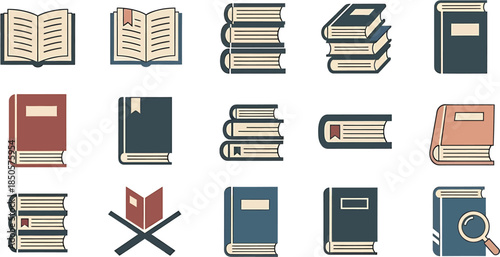 Collection of illustrated icons representing various types of books and reading materials, perfect for educational or literary themes