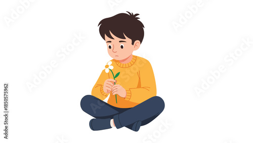 Sad Boy Sitting Alone with Flower Cartoon Illustration for Sadness and Loneliness Concepts