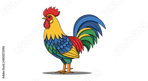 colorful rooster vector illustration standing proudly on white background cartoon farm animal clipart for education branding and logo