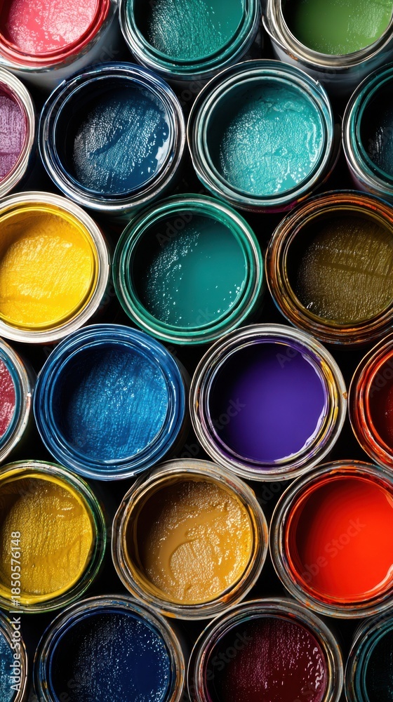 Fototapeta premium Vibrant paint cans filled with colorful pigment. Open paint pots in a rainbow palette. Art supplies for interior design and home improvement projects