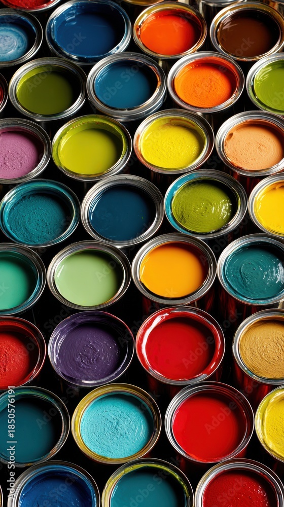 Fototapeta premium Vibrant paint cans filled with colorful pigments, overhead view of art supplies and renovation materials for creative home decor projects