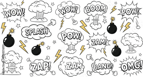 Comic speech bubbles with explosions, bombs, and lightning bolts isolated on white background set of cartoon sound effects with words like wow, boom, pow, zap, zam, bang, omg, and splash