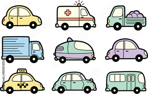 Cartoon vehicles isolated on white background car, ambulance, truck, van, futuristic car, taxi, and bus in a cute and colorful style for kids illustration