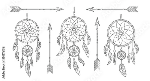 Boho style dreamcatchers and arrows, hand-drawn with intricate patterns, perfect for tribal and spiritual design elements on a white background.