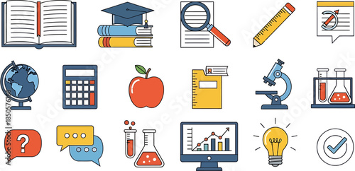 Collection of educational and learning icons representing school supplies, scientific equipment, and academic concepts
