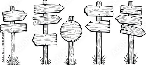 Hand drawn wooden road signs isolated on white background sketch of direction pointers, rustic signposts vector illustration of vintage navigation elements