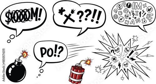Cartoon explosion speech bubbles with comic style text isolated on white background hand drawn vector illustration of boom cloud with expression words