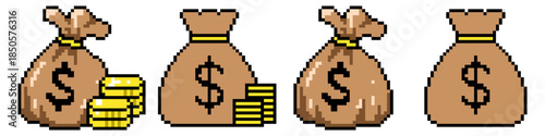 Set of pixel bag of money icon vector for RPG loot and finance apps. Ideal for symbolizing cash, treasure, wealth, rewards, and retro gaming currency.