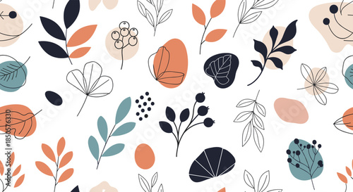 Abstract botanical seamless pattern with minimalist leaves, berries, and organic shapes in warm and cool tones, perfect for modern design.