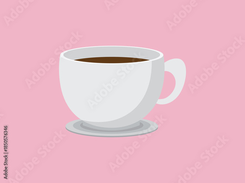 Vector illustration of a hot cup of coffee, a white tea cup with a saucer isolated on brown for a cafe breakfast beverage