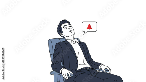 Man in Suit Sitting in Chair Looking Up at Warning Alert Notification Icon in Speech Bubble Business Stress and Anxiety Concept