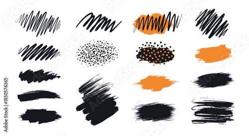 Abstract hand drawn brush strokes and decorative elements in black and orange, perfect for design accents and backgrounds.