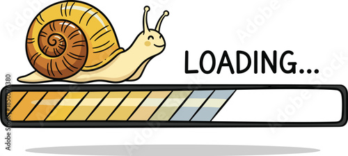 A cartoon snail crawls across a loading bar, symbolizing slow internet speed and frustrating delays, isolated on white background